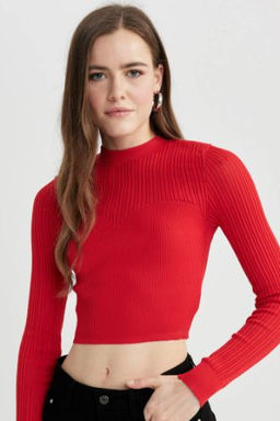 Crop Yar?m Bal?kc? Yaka K?rm?z? Triko Kazak