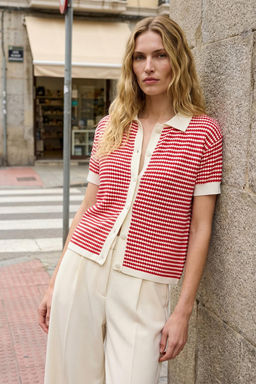 K?rm?z? Polo Yaka Cizgili Bluz TWOSS25BZ00183