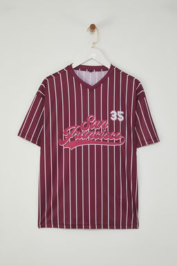 TRENDYOLMILLA Bordo Cizgili Ve Slogan Bask?l? Oversize/Genis Kal?p Orme T-Shirt TWOSS25TS00119 фото 5