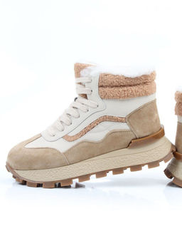 04-WG042-2M BEIGE/WHITE Кроссовки зимние женские (натуральная кожа, натуральная замша, 100% шерсть)