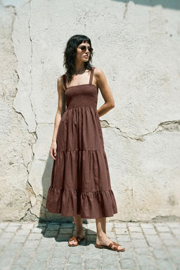 Kahverengi Duz A Kesim Gipeli Kare Yaka Astarl? Maxi Dokuma Elbise TWOSS24EL01052