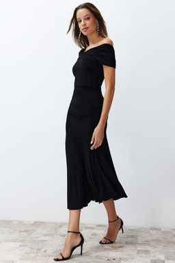 Siyah A-Kesim Asimetrik Yaka Orme S?k Abiye Elbise TPRSS24EL00046