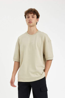 Свободная футболка с круглым вырезом и принтом из плотной ткани с короткими рукавами