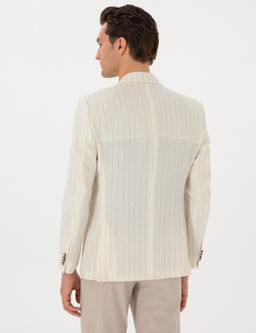 Ekru Slim Fit Y_n Keten Kar___ml_ _izgili K_rlang__ Yaka Ceket