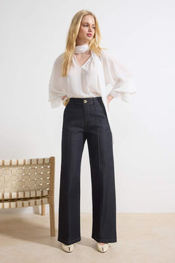 Koyu Mavi Dikis Detayl? Yuksek Bel Ekstra Esnek Wide Leg Jeans TWOSS26JE00053