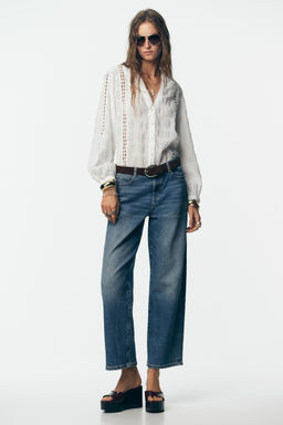 DOTTED MESH AND LACE TRIM BLOUSE