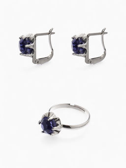 Гарнитур 3 предмета: серьги, кулон, кольцо безразмерное Эдель цветы, цвет синий в серебре, 50 см