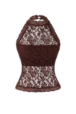 Koyu Kahverengi Dantel Yar?m Astarl? Halter Yaka Party Bluz TPRSS26BZ00003