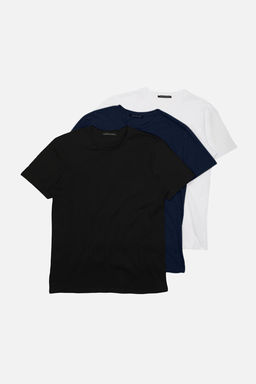 Lacivert-Siyah-Beyaz Slim/Dar Bisiklet Yaka Basic %100 Pamuklu 3lu Paket T-Shirt TMNSS19BO0007