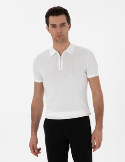 Ekru Slim Fit Fermuarl_ Polo Yaka Triko T-shirt