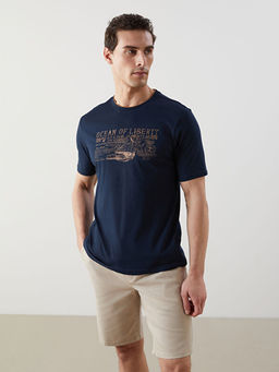 Bisiklet Yaka Bask?l? Penye Biyeli Erkek Ti??rt