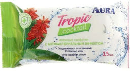АУРА/ Влажн.салфетки 15шт."Тропич.Коктейль" Антибактериальные, pocket-pack /133533/.110
