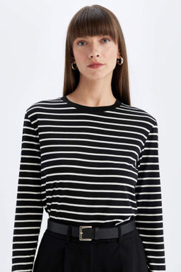 Regular Fit Bisiklet Yaka Cizgili Casual Uzun Kollu Tisort - Defacto фото 2