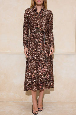 Kahverengi Animal Desen Kemerli Midi Dokuma Gomlek Elbise TWOSS26EL00065