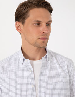 Lacivert Kareli Regular Fit K_sa Kollu G_mlek