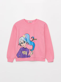 Bisiklet Yaka Bask?l? Uzun Kollu K?z ?ocuk Sweatshirt