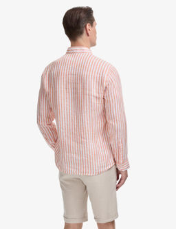 Turuncu Slim Fit %100 Keten Yakas_ D__meli _izgili G_mlek