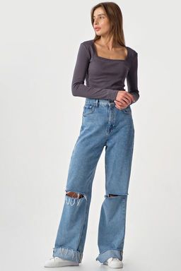 Лонгслив трикотажный с квадратным вырезом из хлопка хаки - Fly фото 11