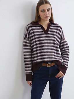 Polo Yaka ?izgili Oversize Kad?n Triko Kazak