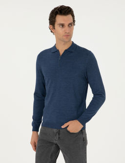 _ndigo Regular Fit Y_n Kar___ml_ Fermuarl_ Polo Yaka Basic Triko Kazak