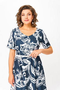 Платье Swallow 856 глубинно--синий в белый принт цветы  фото 3