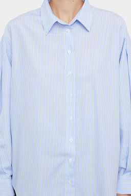Mavi Cizgili Oversize/Genis Kal?p Dokuma Gomlek TWOSS23GO00144