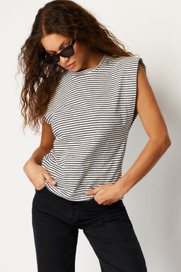 Cok Renkli %100 Pamuk Cizgili Vatka Gorunumlu Basic Bisiklet Yaka Orme T-Shirt TWOSS20TS0021