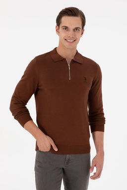 Erkek Slim Fit Yarım Fermuarlı Kahverengi Basic Kazak