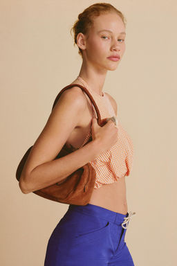 TOP HALTER GLOBO CUADRO VICHY / blanco-naranja