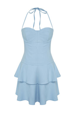 Ac?k Mavi A-Kesim Dokuma K?sa S?k Abiye Elbise TPRSS24EL00149