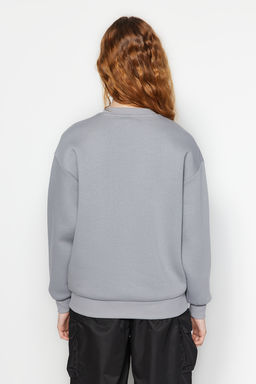 Gri Kal?n Ici Polarl? Regular/Normal Kal?p Bisiklet Yaka Basic Orme Sweatshirt TWOAW24SW00101