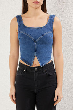 Mavi Dikis Detayl? Fitted/Vucuda Oturan Crop Denim Bluz TWOSS25BZ00358 - Trendyolmilla фото 3