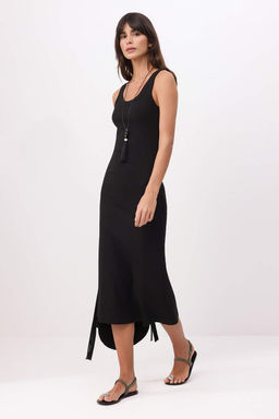 Siyah A-Kesim/Can Form Havuz Yaka Kolsuz Fitilli Esnek Orme Elbise TWOSS26EL00462