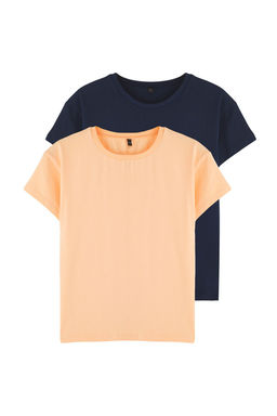 Lacivert-Turuncu 2li Unisex %100 Pamuk Basic K?sa Kol Orme T-Shirt TKDSS25TS00102