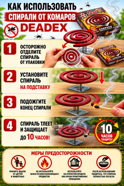 Средство от комаров, спираль 10шт, красный, "Deadex" (Россия)