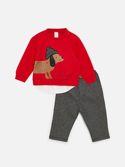 Bisiklet Yaka Uzun Kollu Bask?l? Erkek Bebek Sweatshirt ve Pantolon 2li