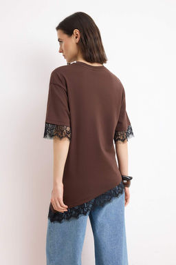 Kahverengi Regular/Normal Kal?p Dantelli Dusuk Kol K?sa Kollu Soft Touch Orme T-Shirt TWOSS26TS00196 - Trendyolmilla фото 4