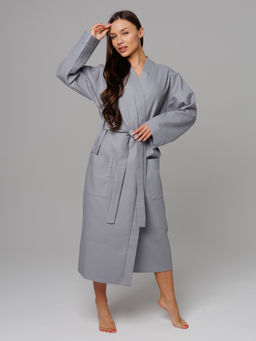 Женский вафельный халат с планкой серый В-02 (20)
