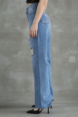 Mavi Y?rt?k Detayl? Pacas? Kesikli Yuksek Bel Duz Kesim Straight Jeans TWOSS25JE00138 - Trendyolmilla фото 4