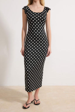 Siyah Puantiyeli Bodycon Havuz Yaka Kolsuz F?rf?rl? Midi Esnek Orme Elbise TWOSS26EL00105