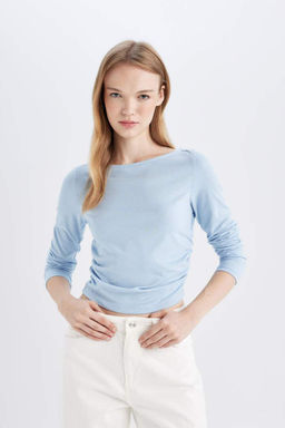 Женская базовая однотонная футболка с вырезом лодочкой и длинными рукавами - Defacto фото 3