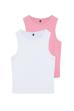 Pembe-Beyaz 2li Paket Vucuda Oturan Crop Halter Yaka Fitilli Esnek Orme Atlet TWOSS21AL0058