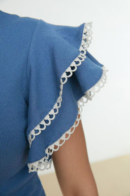 Indigo F?rf?r ve Dikis Detayl? Fitted/Vucuda Oturan Fitilli Esnek Orme Bluz TWOSS21BZ0736 - Trendyolmilla фото 4
