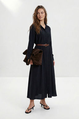 Siyah Deri Kemerli Midi Dokuma Elbise TWOSS26EL00748