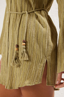 TRENDYOLMILLA Ekru Mini Dokuma Puskullu Flaml? Pamuk Plaj Elbisesi TBESS25EL00011  фото 14