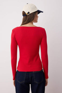 K?rm?z? Dugmeli Bisiklet Yaka Vucuda Oturan Fitilli Esnek Orme Bluz TWOAW26BZ00104