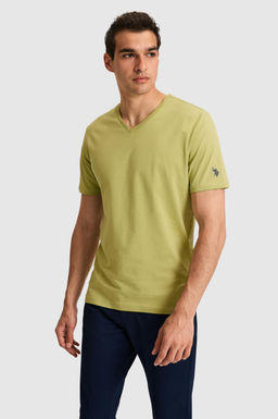 Erkek Regular Fit V Yaka Ye_il Basic Ti__rt
