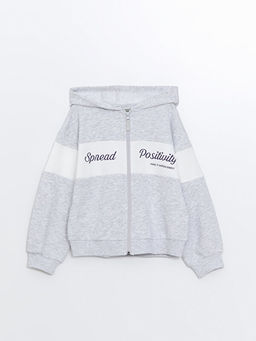 Kap??onlu Bask?l? Uzun Kollu K?z ?ocuk Fermuarl? Sweatshirt