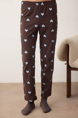 Kahverengi-Mavi %100 Pamuklu Kalp Desenli Orme Pijama Tak?m? THMAW21PT0548