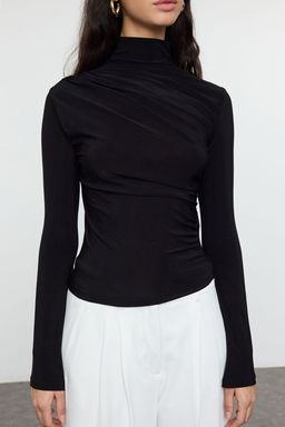 Trendyolmilla Siyah Fitted/Vucuda Oturan Ispanyol Kollu Esnek Orme Bluz TWOAW25BZ00318  фото 8